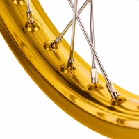 Speichenrad 1,50x16 Zoll - Alufelge gold eloxiert poliert, Chromspeichen, Radnabe schwarz